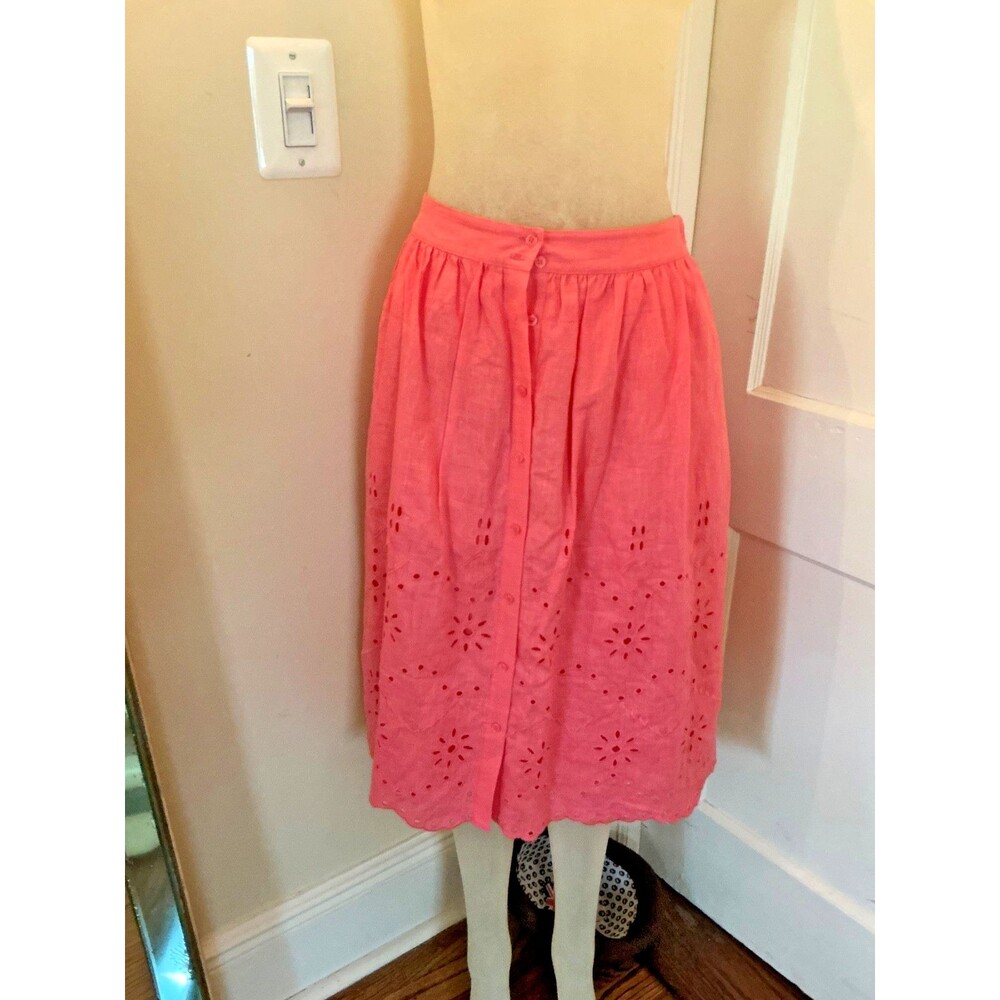 Rachel Parcell Skirt Lined Coral Pink A-Line Eyelet Midi Linen Pockets Small